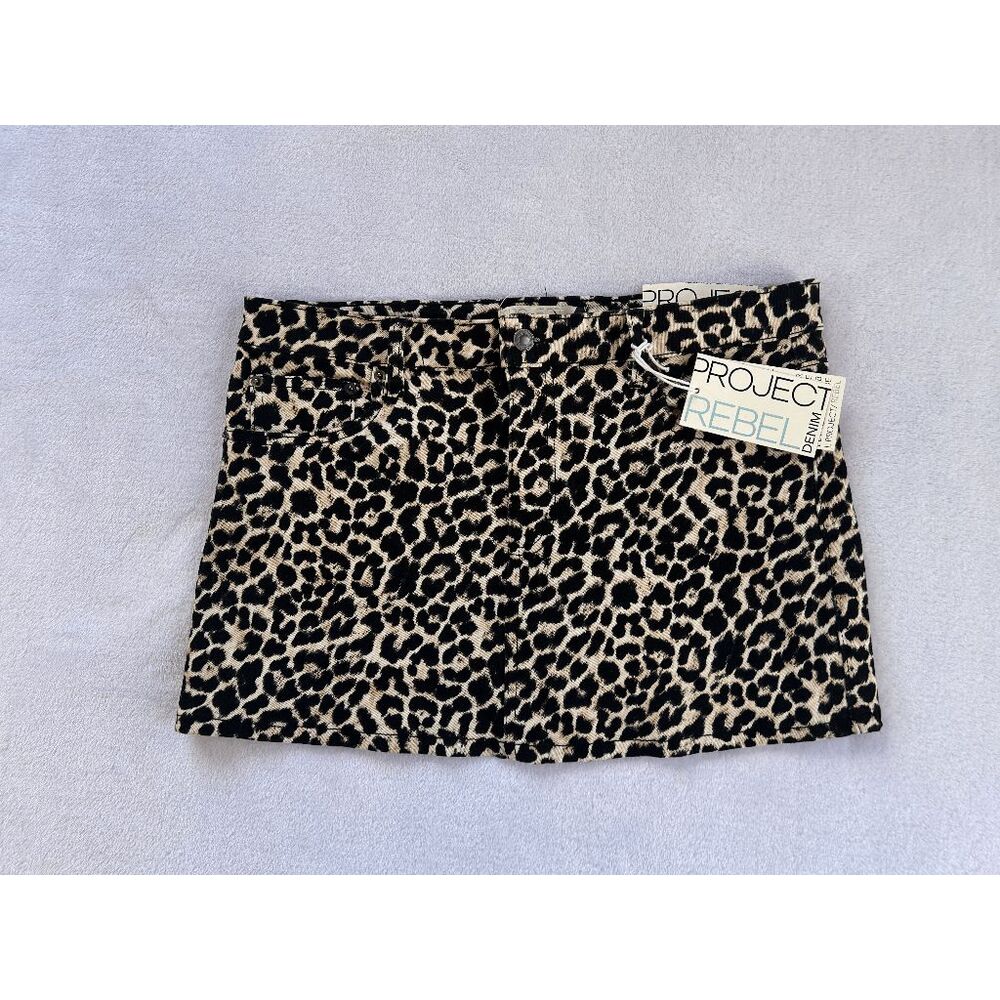 Project Rebel Leopard Print Denim Mini Skirt Size L, Stretch, NWT, Edgy